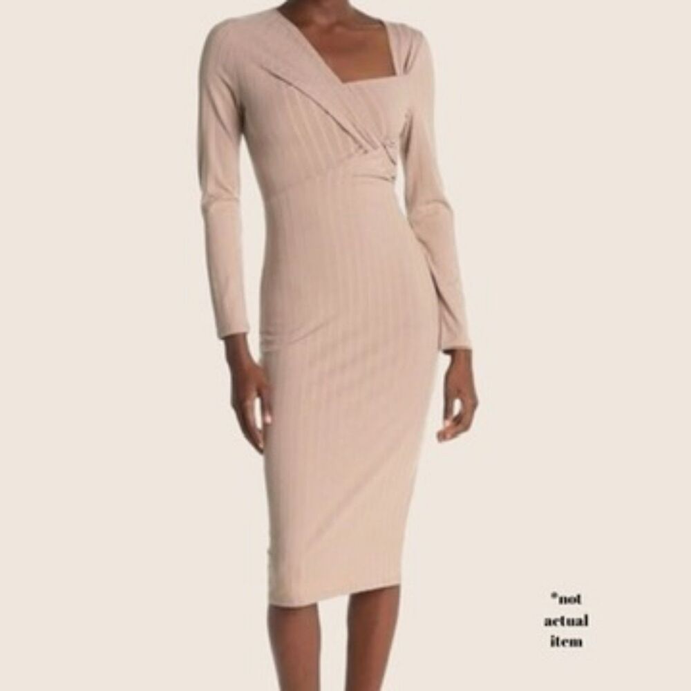 🍦 SMALL TWIST FRONT RIBBED BODYCON MIDI DRESS OATMEAL CREAM ASTR THE LABEL